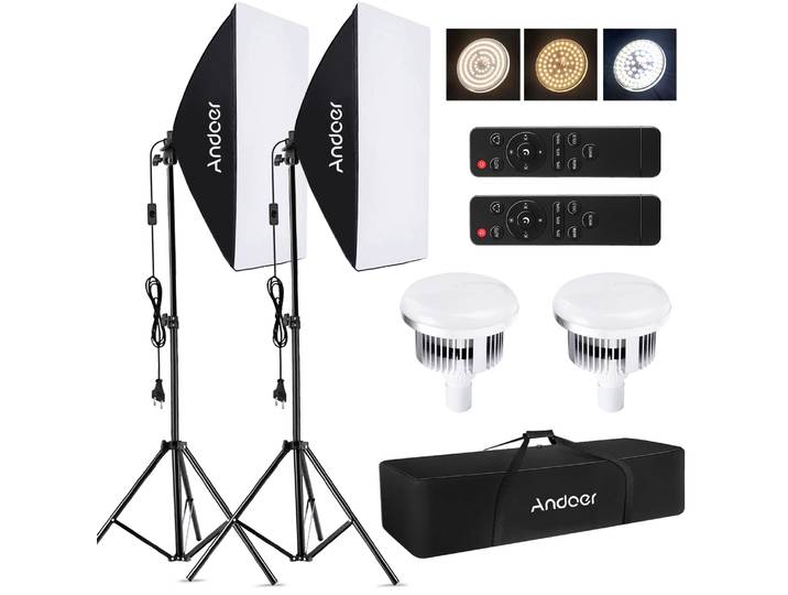 Andoer-Kit d'éclairage de studio de photographie, boîte à lumière, ensemble d'éclairage avec 85W, température bicolore 2800K-5700K, lumière LED * 2