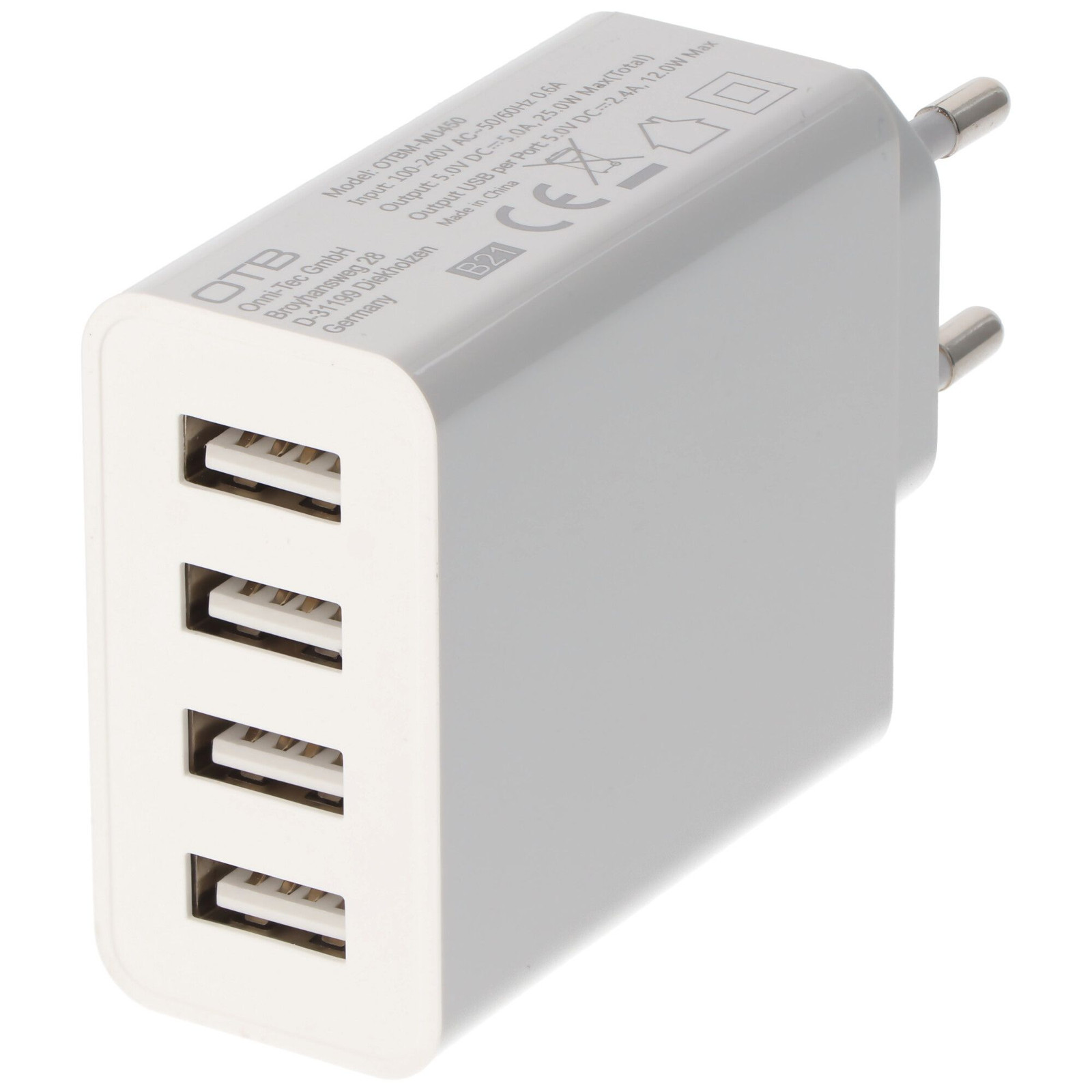AccuCell USB oplaadadapter met 4 poorten en Auto-ID, 5.0A, wit