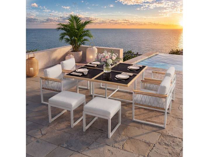 Ensemble repas table de jardin 6 personnes avec table 117 x 117 cm 4 fauteuils 2 poufs naturel et blanc