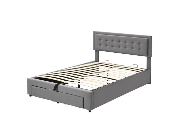 Lit coffre adulte 140x190 avec 2 tiroirs et tête de lit réglable, gris