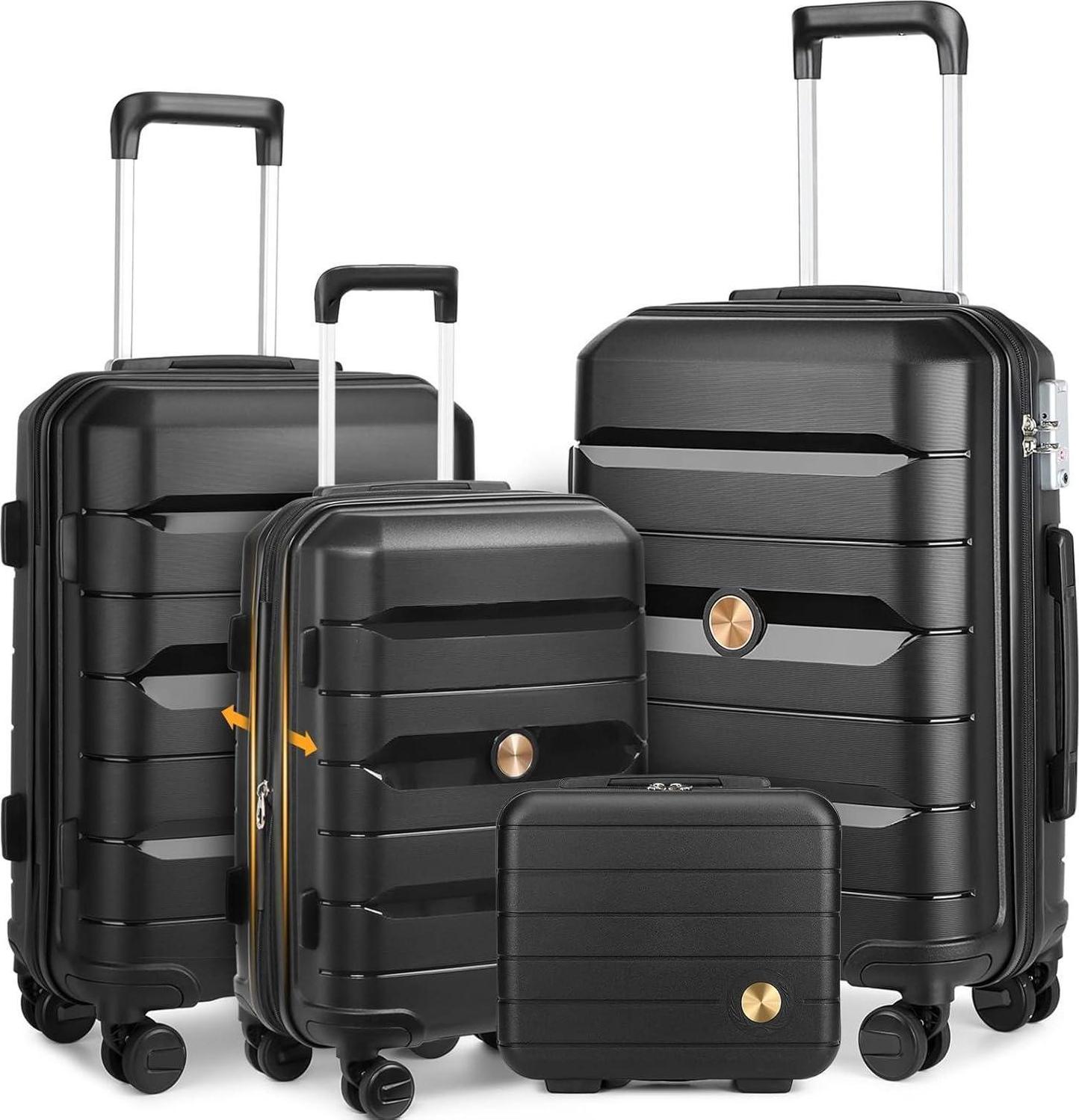 Hartschalenkoffer Set 4-teilig S/M/L/XL Rollkoffer Handgepäck 100% PP mit 360° Doppel Zwillingsrollen & TSA Schloss Schwarz