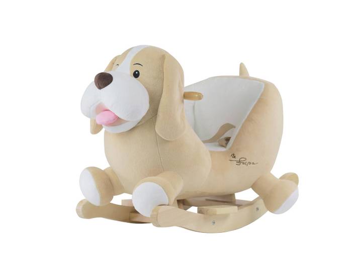 Schaukeltier Hund Sam, Creme, Weiß, Hellbraun, Holz, 33x58x60 cm, Fußstützen, Haltegriffe, gepolsterte Sitzfläche, Gurtsystem, Spielzeug, Babyspielzeug, Schaukeltiere & Hüpftiere