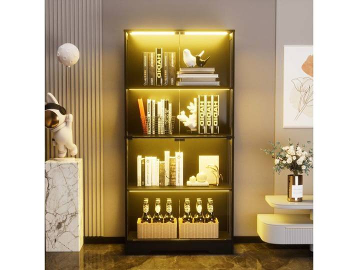 Vitrine En Verre Noire 4 Niveaux Meuble De Rangement LED FloraGrace Pour Salon Chambre Bureau Capteur De Mouvement 80x35x165cm