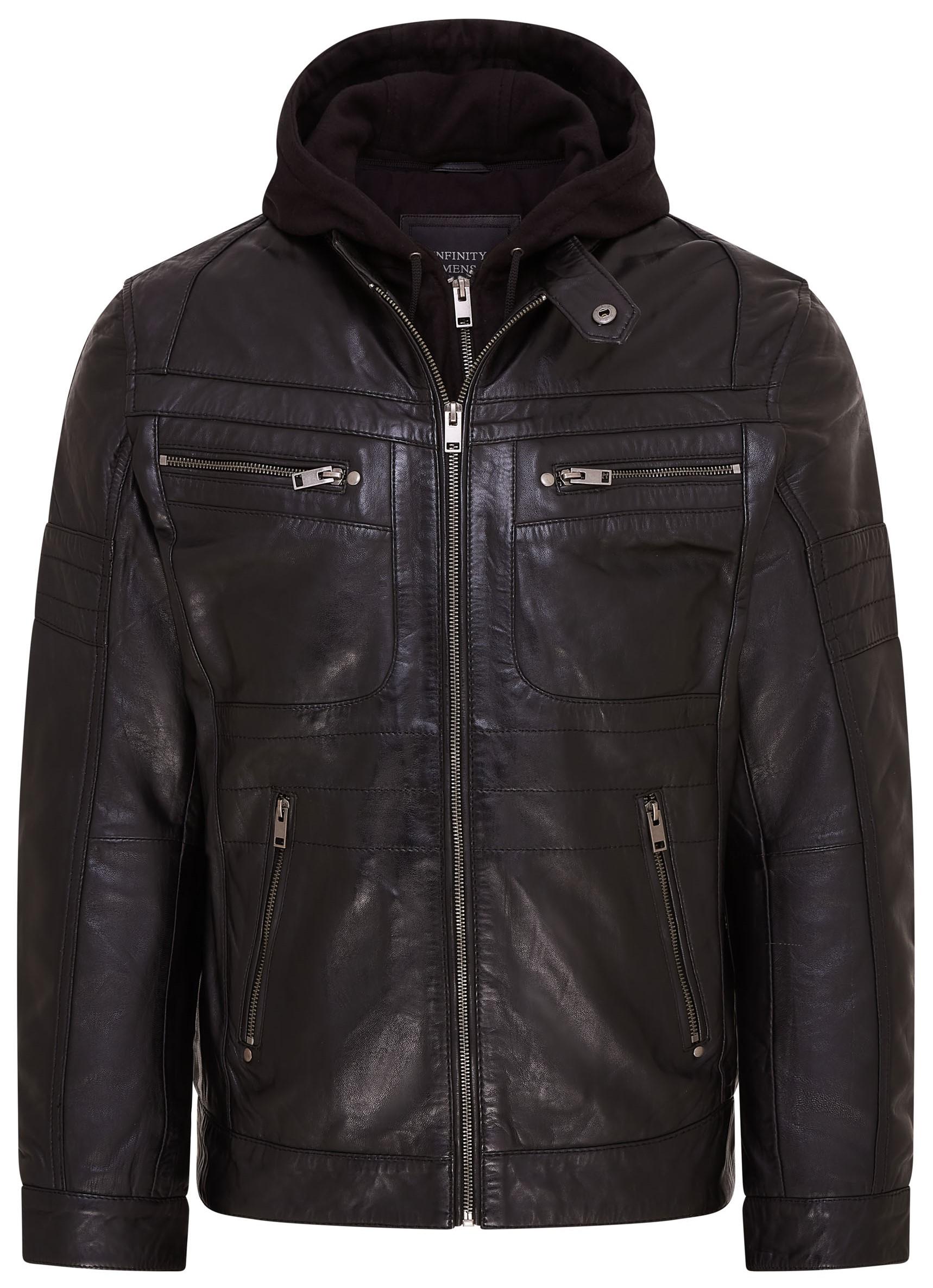 Schwarze Herren-Bikerjacke aus Leder mit Kapuze – Stavern