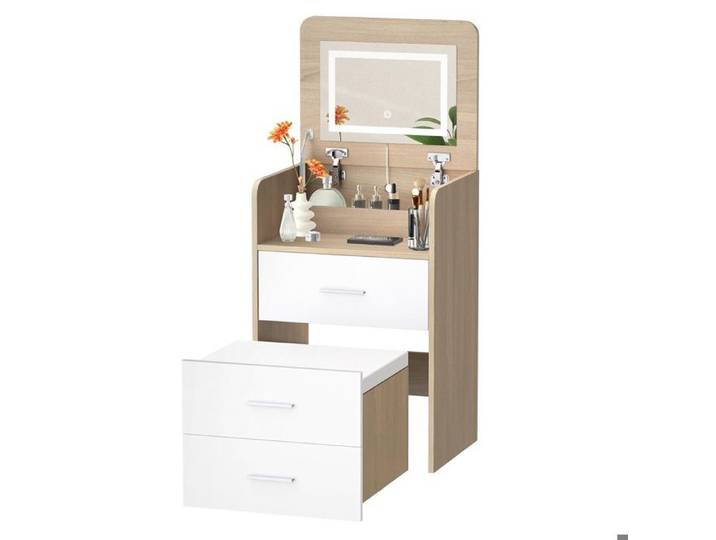 Coiffeuse élégante ALFORDSON pour chambres modernes avec miroir lumineux plateau rabattable et rangements intégrés coloris bois