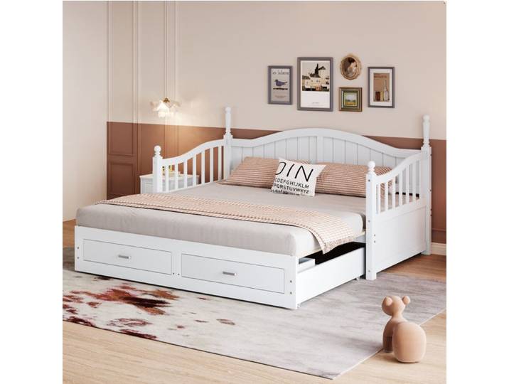 VUENOR Canapé-lit gigogne 90x190 cm blanc – 2 tiroirs extensible sans matelas