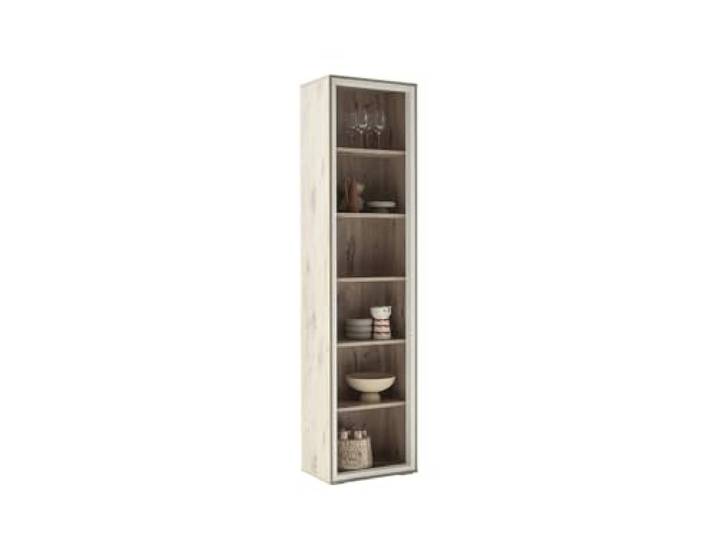 möbelando Vitrine >SANTERNO< Elegantes Design in Soft White & Viking Oak Dekor, 6 Fächer für Dekoration & Stauraum, optional Beleuchtung, Maße B/H/T: 50/197/32 cm