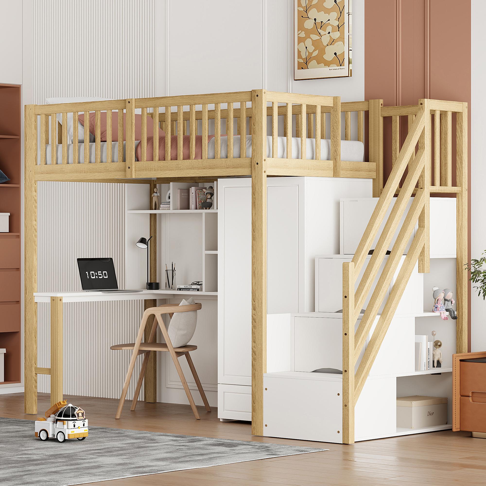 Flieks Etagenbett 90x200 mit Kleiderschrank, Hochbett mit Stauraumtreppe, Kinderbett Einzelbett mit Schreibtisch und Regal, Stockbett Holzbett