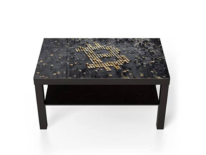 DEQORI Glastisch schwarz groß 90x50 cm Motiv Bitcoin Währungszeichen ausgefallener Beistelltisch aus Glas Hochglanz Couchtisch fürs Wohnzimmer moderner Couch Tisch mit Design
