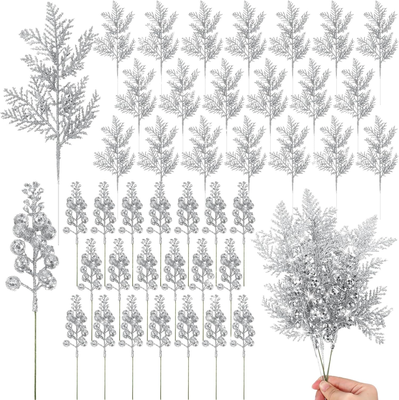 Discount Dollar Deals Artificial Berry Bouquets With Glitter, Pine Needle Stalk, Christmas Decoration, Ornament DIY Wreath, Gift Accessories silver
