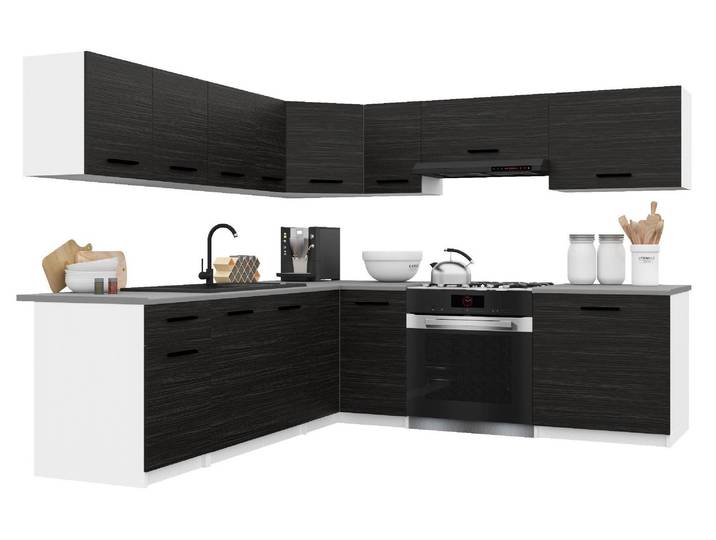 Belini Moderne Küchenzeile Küchenblock ITALIA 7 - Küchenmöbel 420cm Ebenholz - Einbauküche mit Hängeschränke, Unterschränke & Arbeitsplatten