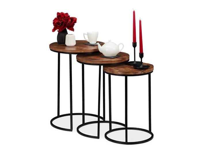 Relaxdays Satztisch Natur Schwarz 3er-Set Mangoholz, Braun, Metall, Holz, 41x57.5x41 cm, Wohnzimmer, Wohnzimmertische, Beistelltische