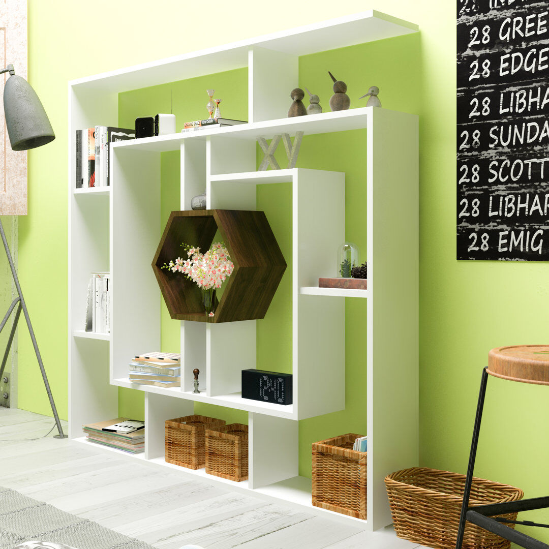 Blue Elephant 134cm H x 134cm W Geometric Bookcase White/Walnut 134cm H X 134cm W X 22cm D