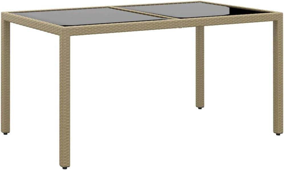 Beigefarbener Gartentisch aus Poly Rattan mit gehärteter Glasplatte, 150x90x75 cm, pulverbeschichtetes Stahlgestell für Terrasse und Garten