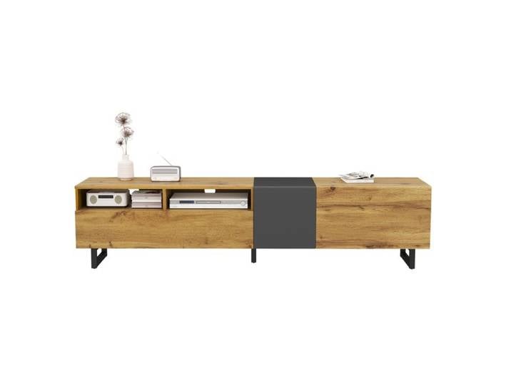 Meuble TV moderne bicolore pieds métal finition bois vintage