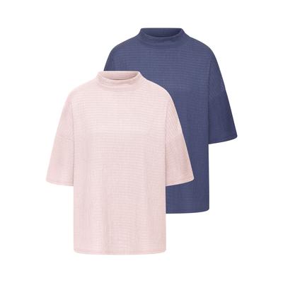 Kurzarmshirt LASCANA "mit Stehkragen", Damen, Gr. 40/42, bunt (rosé, blau), Crêpe, Obermaterial: 97% Polyester, 3% Elasthan, unifarben, lässig geschnitten, Shirts, aus bügelfreier Crêpe-Qualität