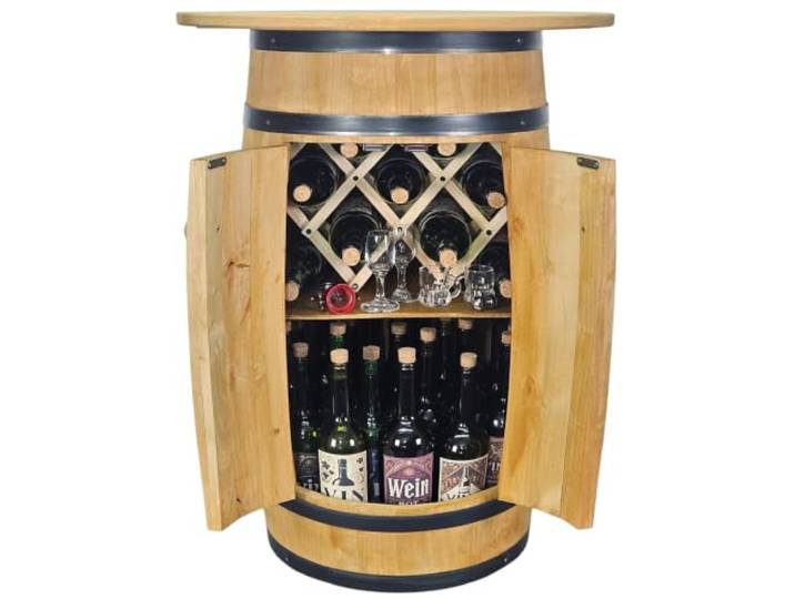 kadamahu Fassbar mit 2 Türen, Klappplatte 62 cm, Weinregal, in Hellbraun Erlenholz, 83 cm hoch, bis zu 40 Flaschen 0,75 l auf 2 Ebenen; Platz für Cognacglas und Barzubehör, Whisky und Kräuterlikör