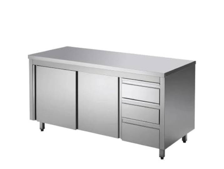 GastroHero Arbeitsschrank 120x70 cm, Edelstahl ASS3SR-ECO12X7 3 Schubladen, Schiebetüren, Zwischenboden, AISI 430, höhenverstellbare Füße, Profi Küchenmöbel für Gastronomie