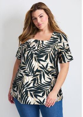 Plus Size Women's Smocked Squareneck Top by Avenue in Neutral Graphic Leaves (Size 14)