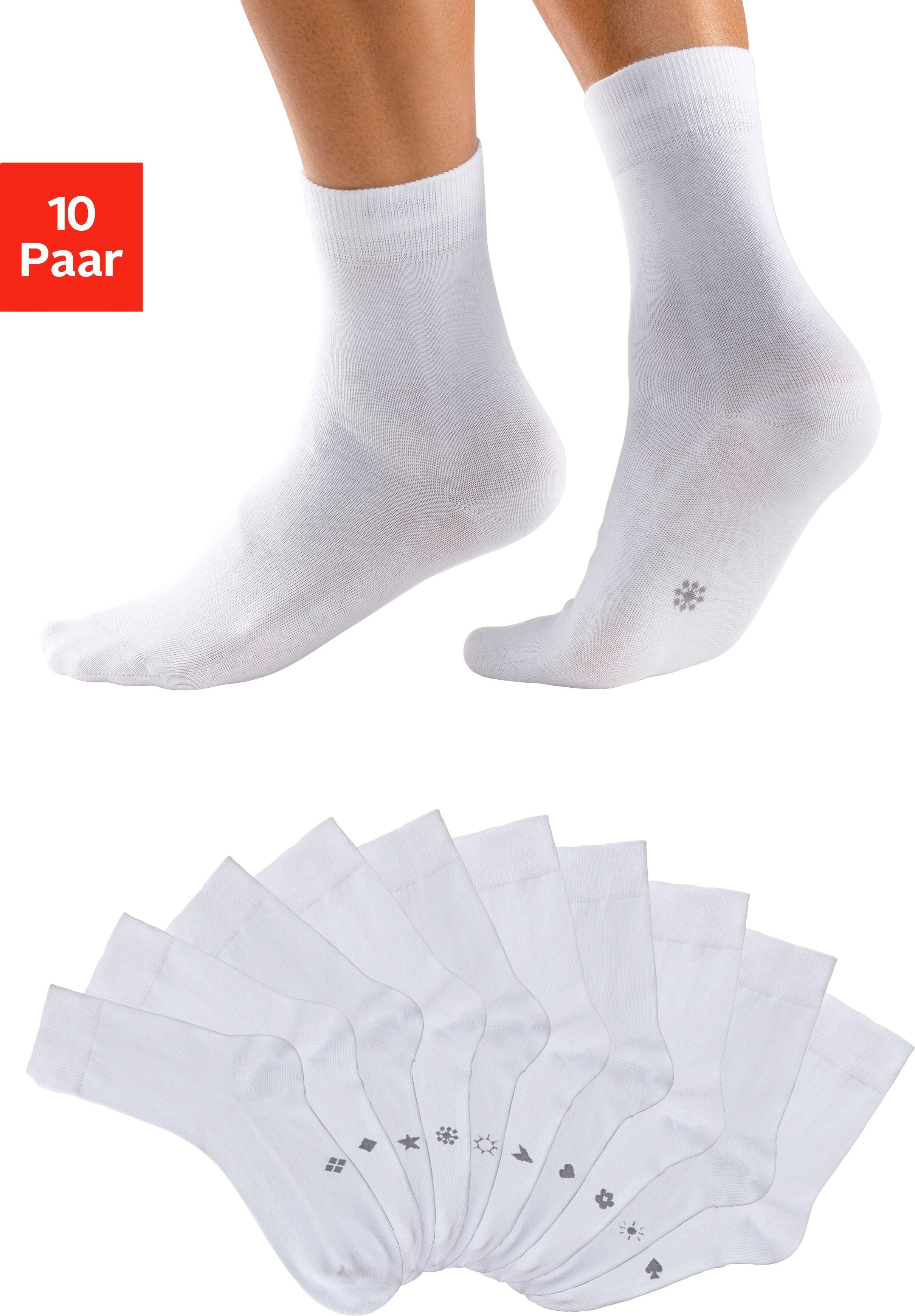 Basicsocken H.I.S "Damen Herren Business Socken, Anzugsocken ohne Gummibund", Damen, Gr. 39-42, weiss (10x weiß), Baumwolle, Baumwollmischung, Elasthan, Polyamid, unifarben, elastisch, Socken Basicsocken, mit eingestrickten Symbolen 10x weiß 39-42