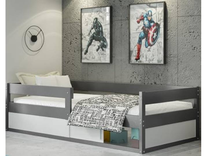 Interbeds Kinderbett Bodenbett Holzbett Einzelbett Montessori mit Rausfallschutz mit Lattenrost 160x80cm (grau)