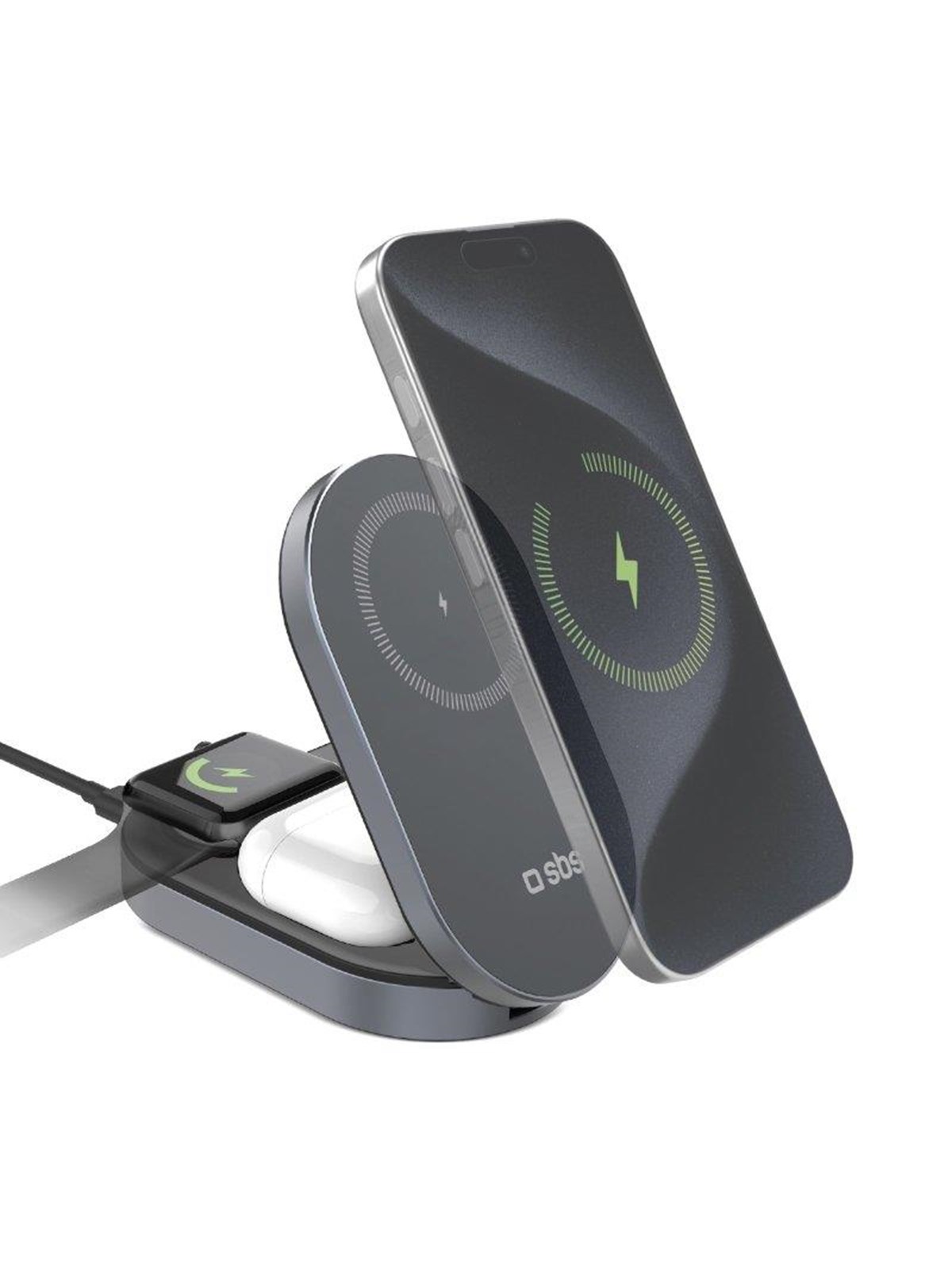 SBS 3-in-1 Foldable Wireless Charging Station QI2 MFI - Made for iPhone - Black