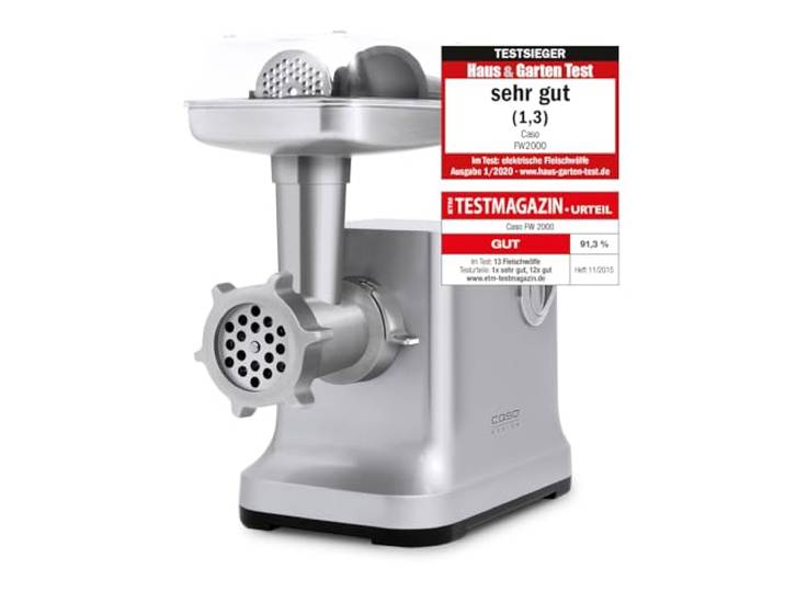 Caso FW2000 Elektrischer Fleischwolf, Testsieger Haus & Garten Test, inkl. Spritzgebäck, Aufsatz 800 W nominal, 2000 W locked, ca. 2kg/ Minute, Alu Guss Gehäuse