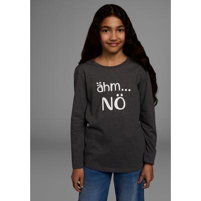 Langarmshirt KIDSWORLD "ähm ...NÖ", Mädchen, Gr. 128/134, grau (anthrazit, meliert), Single Jersey, Obermaterial: 60% Baumwolle, 40% Polyester, bedruckt, tailliert hüftlang, Rundhals, abgesteppte Kante, Shirts Langarmshirt, Langarm, taillierter...