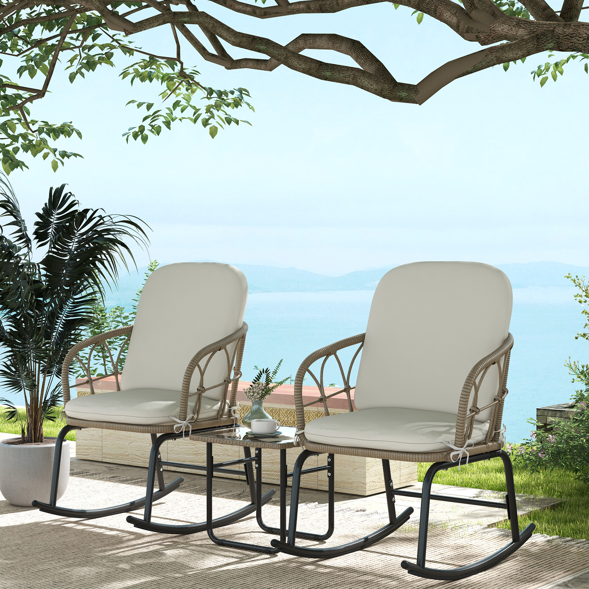 Outsunny Set di sedie a dondolo in stile boho, in PE rattan resistente alle intemperie, Crema