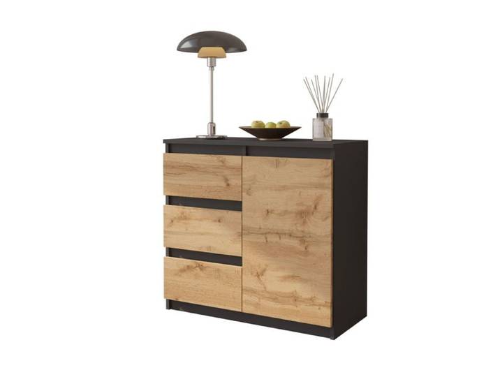 Commode MIKEL - 3 tiroirs et 1 porte - H75cm L80cm P35cm (Anthracite / Chêne Wotan)