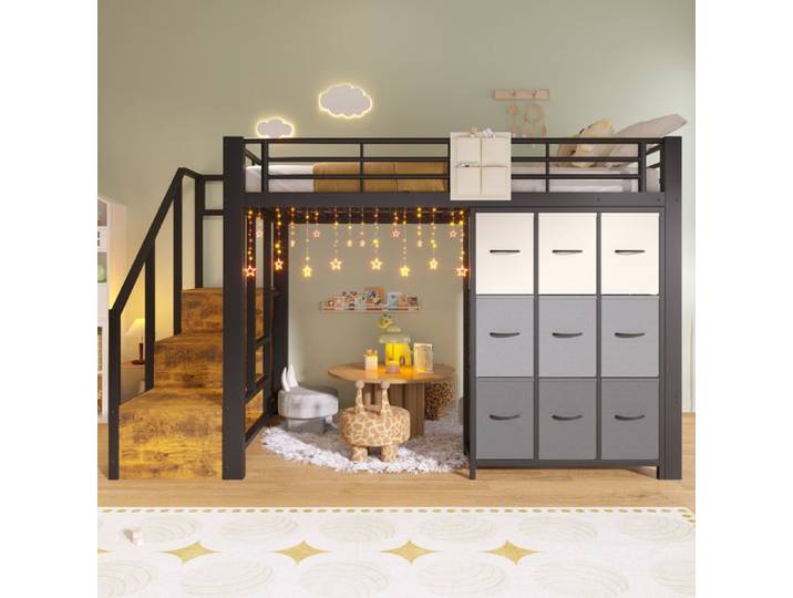 Hochbett 140×200 cm Metall mit Schubladen Kleiderstange Geländer Treppe mit Stauraum Schwarz