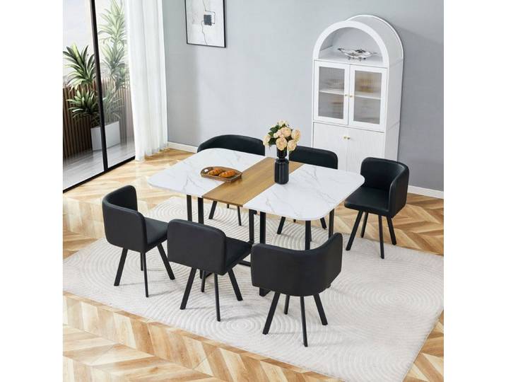 MEULVA Ensemble table et chaises de salle à manger 1 table 6 chaises plateau mélamine blanc bois métal noir