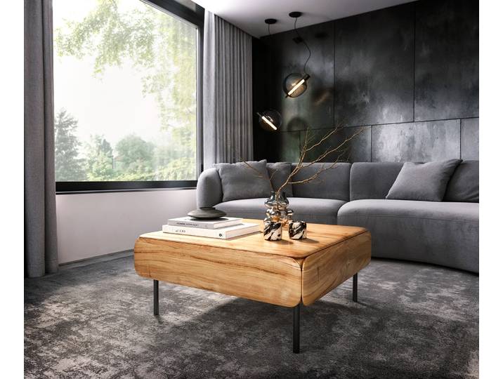 DELIFE Couchtisch Shavani 90x90 cm Akazie Natur 2 Schubladen Metall Schwarz, Couchtische