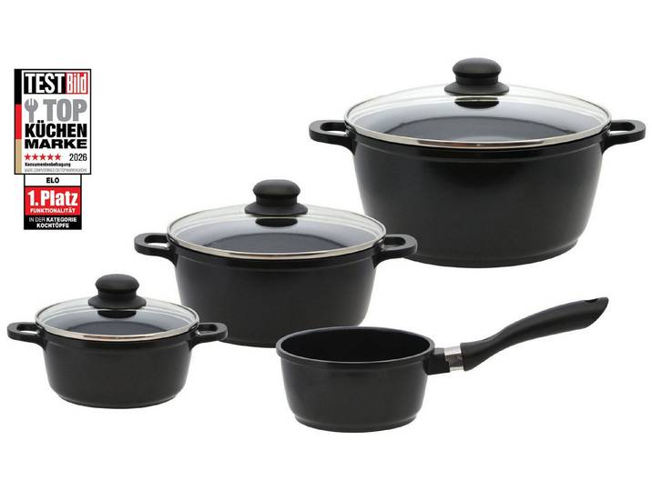 Elo Basic Topf-Set Black Cast, Aluminiumguss (Set, 7-tlg., 3 Töpfe mit Deckel, 1 Stielkasserolle), mit hochwertiger Antihaftversiegelung, Induktion