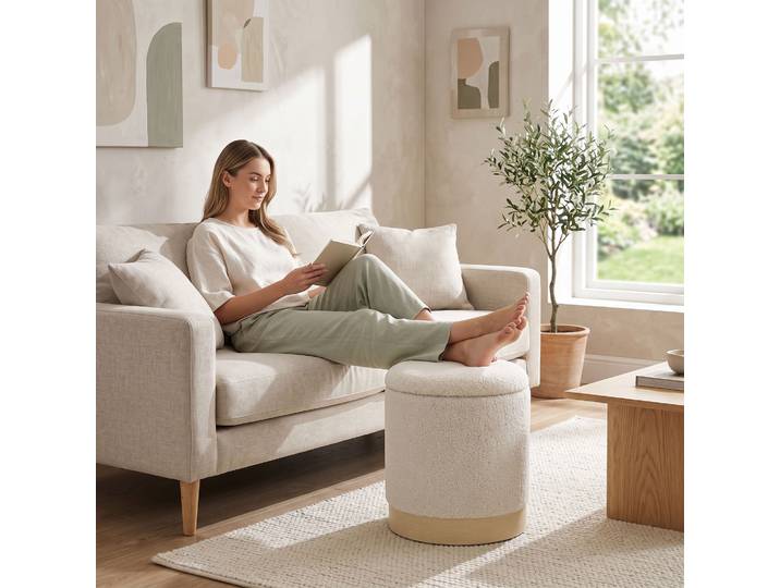 HOMCOM Tabouret Rond 38cm Sherpa Rangement Pied Métal Blanc Crème
