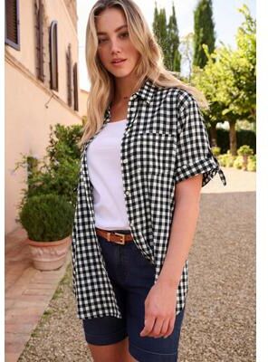 Plus Size Women's Tie-Sleeve Button-Down Shirt by Roaman's in Black Check (Size 38 W)