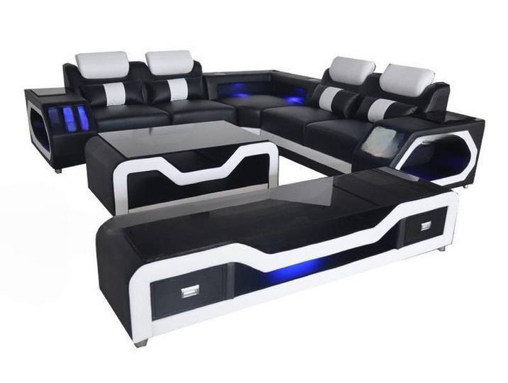 JVmoebel Ecksofa Elegantes schwarzes Leder-Ecksofa mit integrierter LED-Beleuchtung, Made in Europa