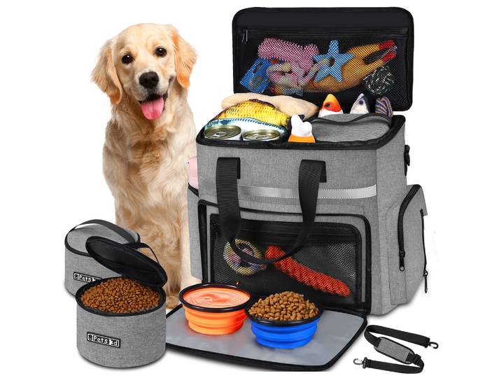 Petskd – sac de rangement pour chiens d'extérieur, avec ensemble de bols, sac de rangement de voyage, grandes poches multifonctions, sac à dos pour récipient de nourriture pour animaux de compagnie