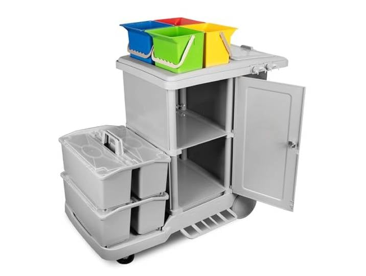 G.I.V. Stabiler Reinigungswagen & Materialwagen mit Moppboxen + abschließbarem Schrank - Systemwagen mit Dauerabfallsack, leise Räder, 4-Farbsystem Eimer je 6L - für Gebäudereinigung & mehr