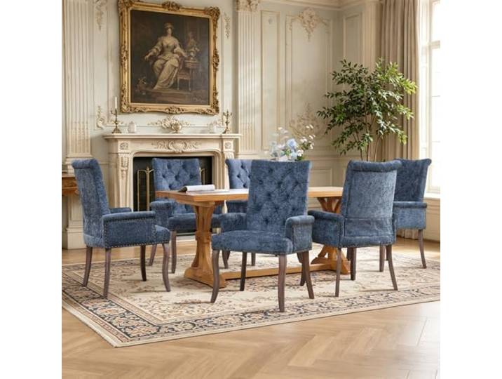 SoarFlash 6er Set Chenille-Sessel Blau, Modernes Knopftuft-Design Weiches strapazierfähiges Chenille-Gewebe, stabile Massivholzbeine. Eleganter Stil für Wohn-, Ess- und Schlafzimmer.