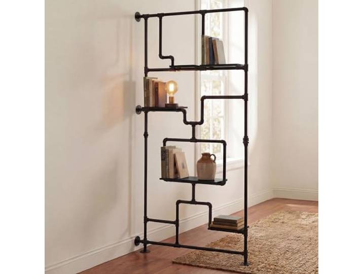 Mendler Raumteiler mit Regal HWC-P10 203x100x20cm Metall - schwarz Wohnregal, Ablageregal, Industrial, Melamin, MVG