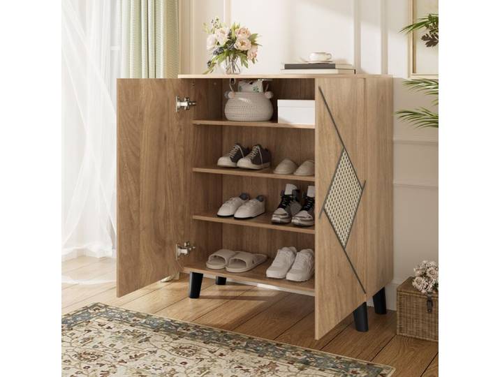 MODENUIT Meuble à chaussures 80x32x91 cm avec portes fermées étagères et finition rotin Couleur naturelle