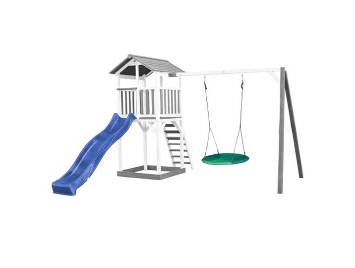 AXI Beach Tower Grau & Weiß mit Blauer Rutsche & Schaukel Spielplatz, Spielturm mit Sandkasten & Nestschaukel in Grün, FSC Holz, Podesthöhe: 117,5 cm
