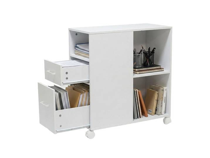 Relaxdays Rollcontainer Weiß mit Rollen 2 Schubladen, Holzwerkstoff, Kunststoff, 30x65x60 cm, Büromöbel, Container