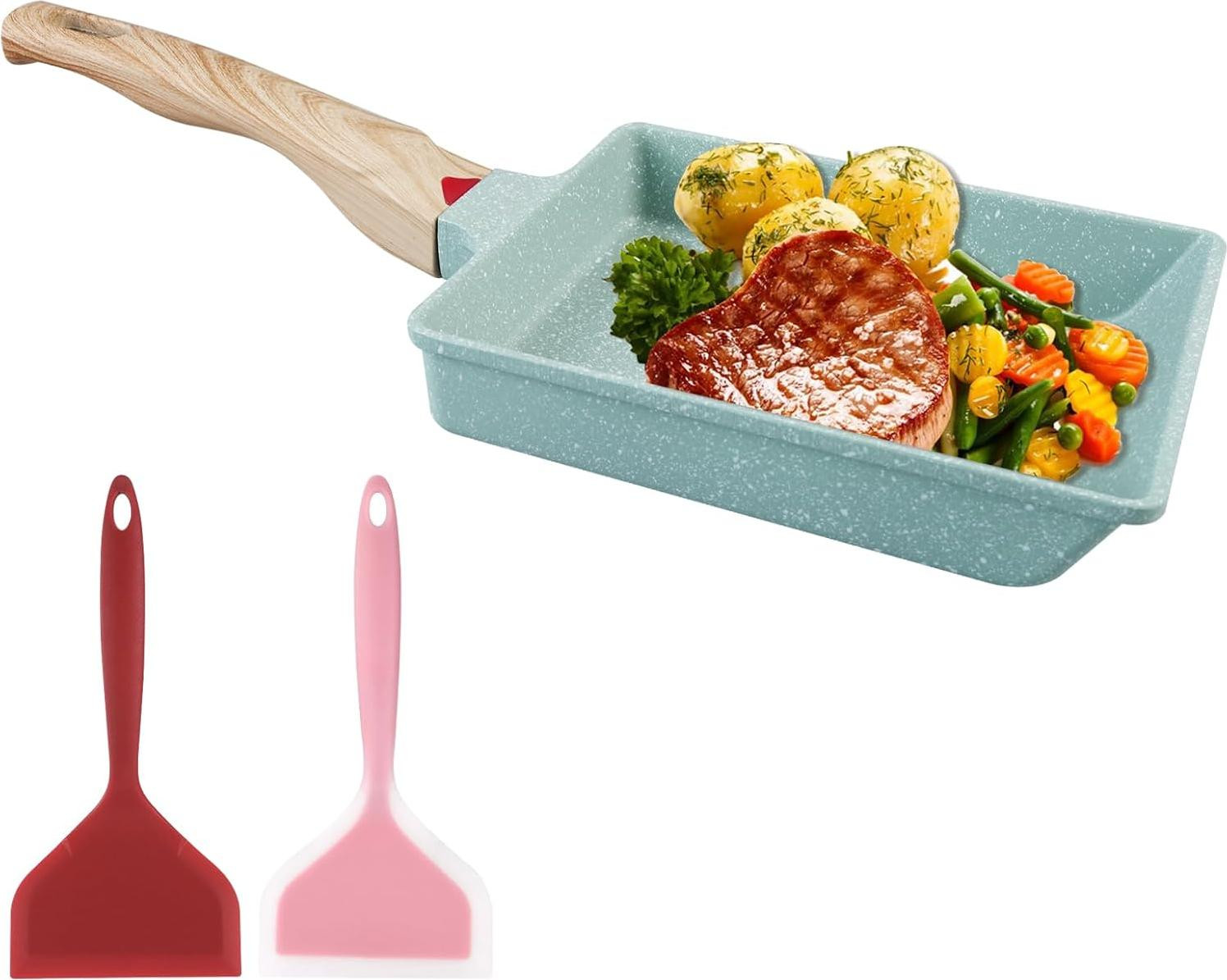 Japanse Tamagoyaki-pan met siliconen spatel en kwast, antiaanbaklaag, keramisch en siliconen, multicolor