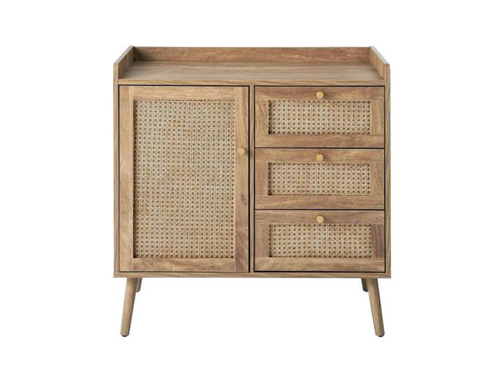 Calicosy Kommode mit 1 Tür und 3 SchubladenRattanfronten und Holzfüßen 39/79,5/80 cm, Apfelbaumfarben, Holzwerkstoff, 39x79.5x80 cm, Kleinmöbel, Kommoden