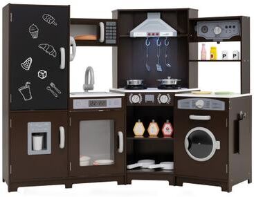 Costway Corner Wooden Play Kitchen with Lights and Sounds Large Pretend Play Kitchen Set-Espresso