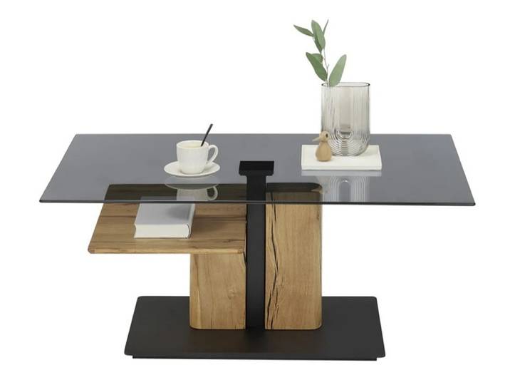 Couchtisch Delmas mit Lift , Eiche massiv , mit Glasplatte , 105/65 , Eichefarben / schwarz