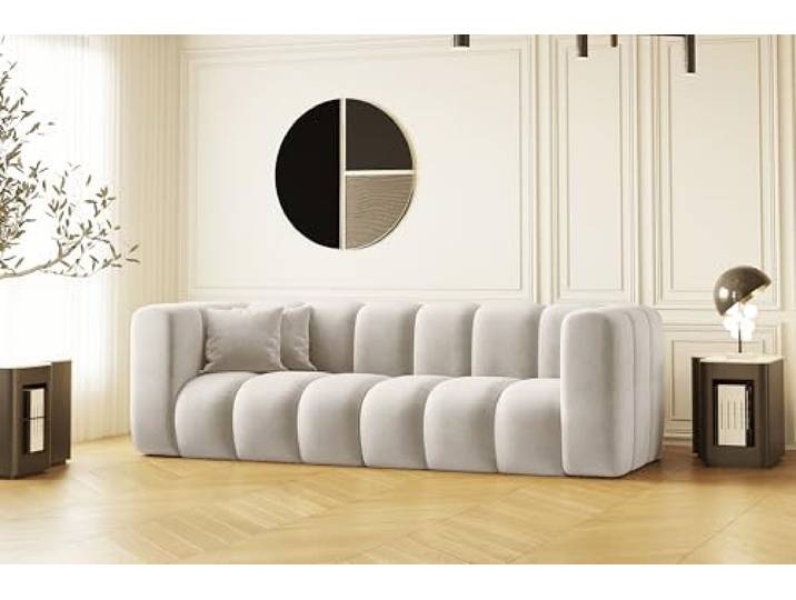 Kaiser Möbel - Sofa, Relaxcouch, Sofa 3-sitzer, Polstersofa, Bequemes Couch für Wohnzimmer und Jugendzimmer, Relaxsofa, Velourstoff, 2 dekorative Kissen, Hochelastischer Schaumstoff, Grand, Hellbeige