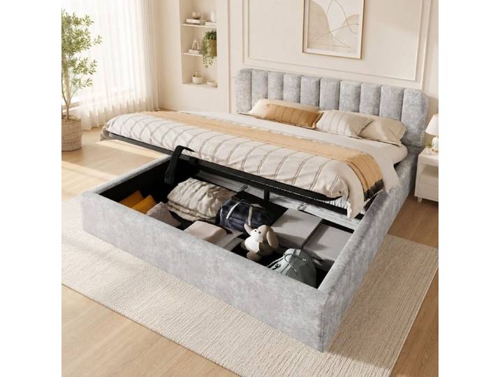 Lit 180x200 cm avec rangement Lit coffre avec LED Lit capitonne avec sommier à lattes Lit 2 Personne Lit adulte Gris clair